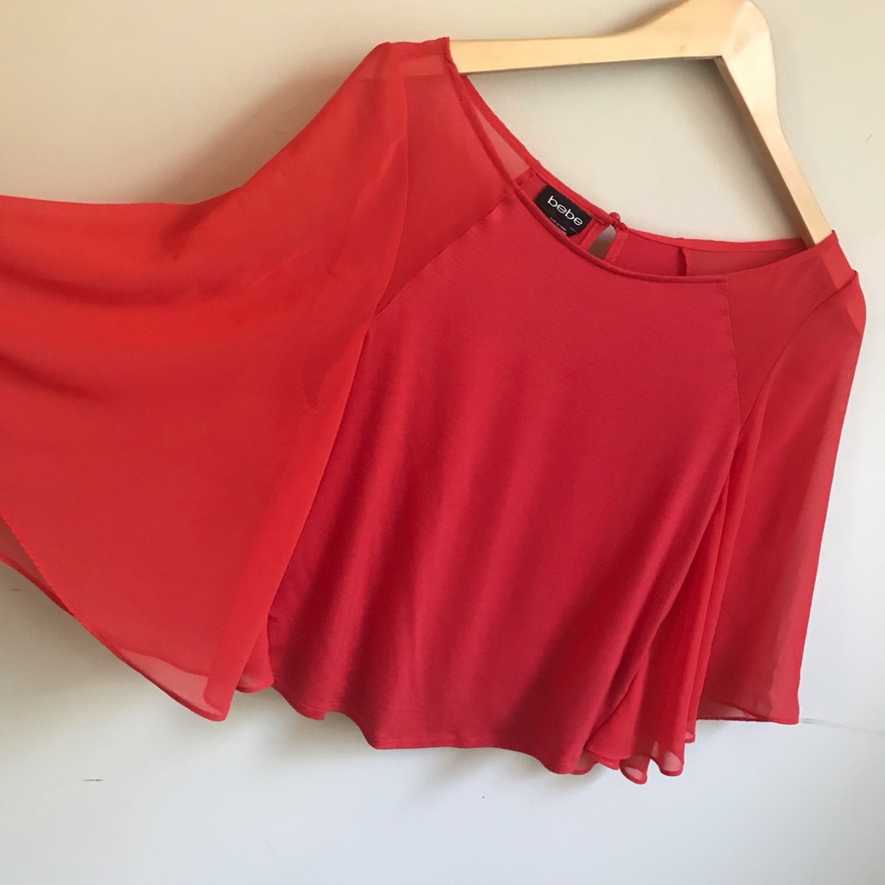 Sheer sleeves soft material flowy red shirt